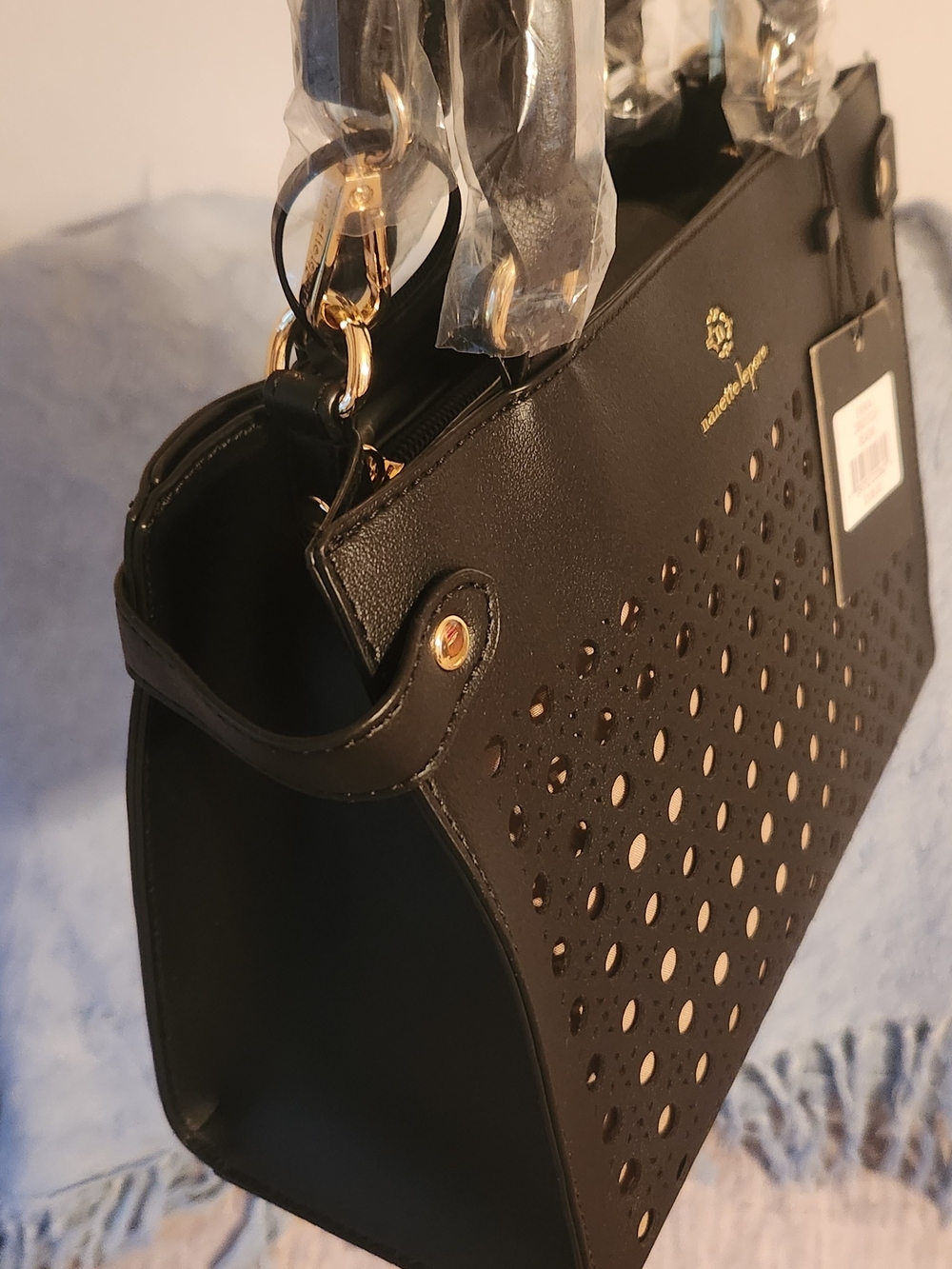 Nanette Lepore Black Perforated Tote with Gold Logo - Picture 3 of 5